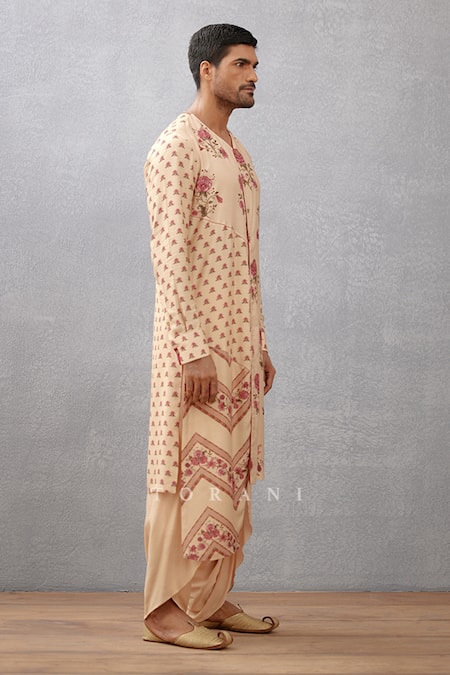 Torani_Beige Kurta Handwoven Chanderi, Salwar Cotton Silk Kasturi Madur Print Set _Online_at_Aza_Fashions