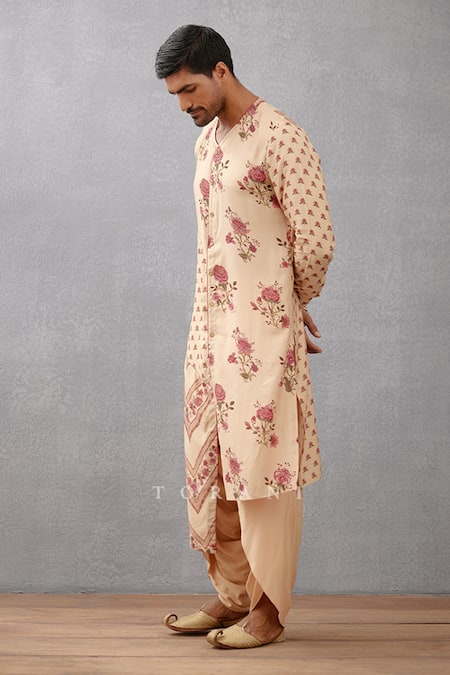 Buy_Torani_Beige Kurta Handwoven Chanderi, Salwar Cotton Silk Kasturi Madur Print Set _Online_at_Aza_Fashions