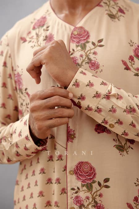 Shop_Torani_Beige Kurta Handwoven Chanderi, Salwar Cotton Silk Kasturi Madur Print Set _Online_at_Aza_Fashions