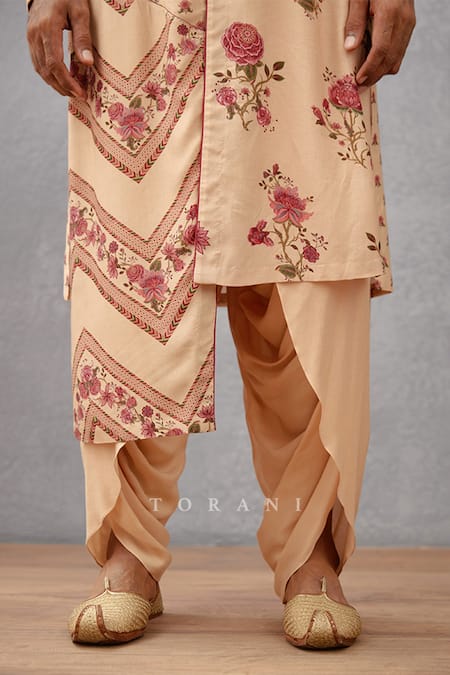 Torani_Beige Kurta Handwoven Chanderi, Salwar Cotton Silk Kasturi Madur Print Set _at_Aza_Fashions