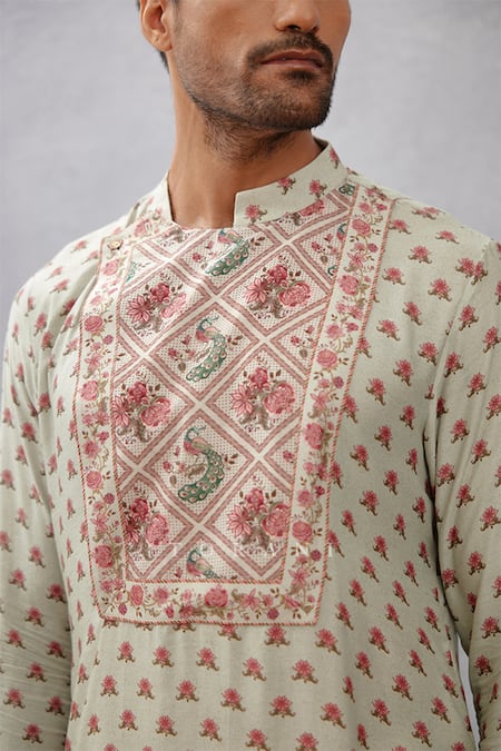 Buy_Torani_Green Kurta Handwoven Chanderi, Pant Pure Linen Jaituni Tejal Printed Set _Online_at_Aza_Fashions