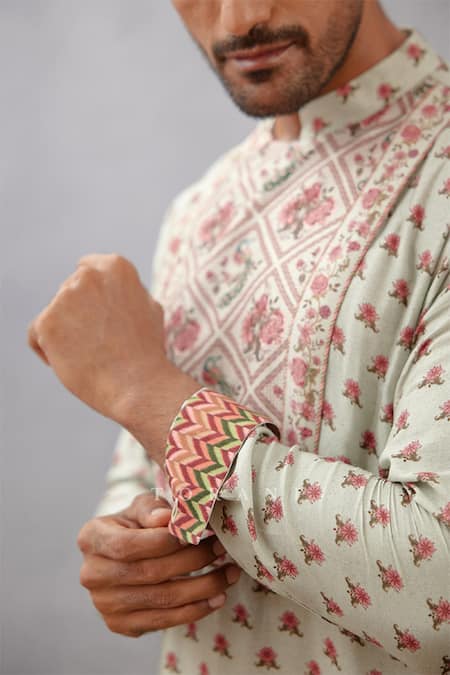 Shop_Torani_Green Kurta Handwoven Chanderi, Pant Pure Linen Jaituni Tejal Printed Set _Online_at_Aza_Fashions