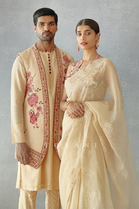 Buy_Torani_Beige Bundi Cotton Jacquard, Kurta Handwoven Kasturi Aalok Printed And Set _Online_at_Aza_Fashions