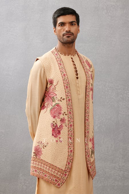 Shop_Torani_Beige Bundi Cotton Jacquard, Kurta Handwoven Kasturi Aalok Printed And Set _Online_at_Aza_Fashions