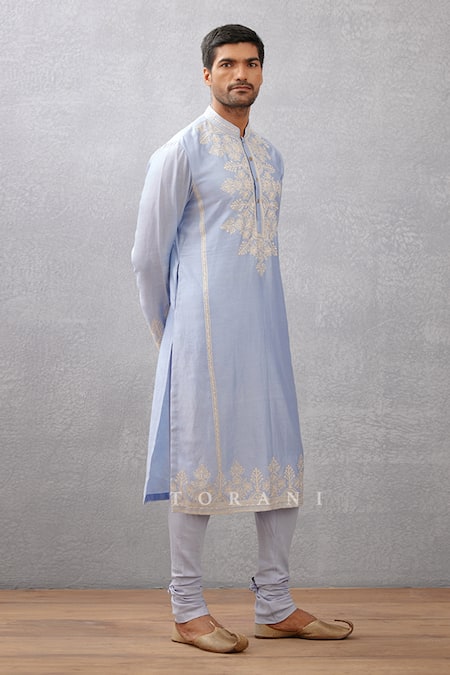 Torani_Blue Churidar Cotton Silk, Kurta Handwoven Chanderi Samsara Vrisa Work Set _Online_at_Aza_Fashions