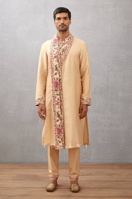 Torani_Beige Viscose Silk Chintz Kasturi Kanan Draped Collar Kurta Set _Online_at_Aza_Fashions