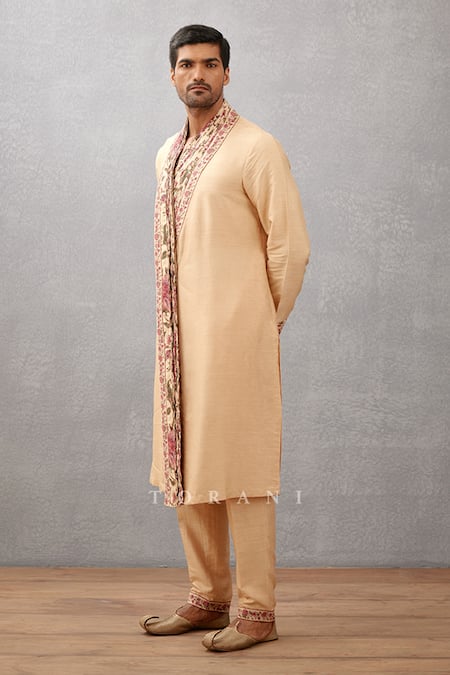 Buy_Torani_Beige Viscose Silk Chintz Kasturi Kanan Draped Collar Kurta Set _Online_at_Aza_Fashions