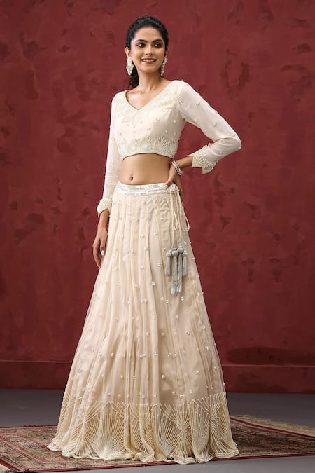 Minaki_Off White Organza, Net, Crepe Cut Work, Art Deco Embroidered Bridal Lehenga Set _Online_at_Aza_Fashions