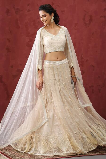 Shop_Minaki_Off White Organza, Net, Crepe Cut Work, Art Deco Embroidered Bridal Lehenga Set _Online_at_Aza_Fashions