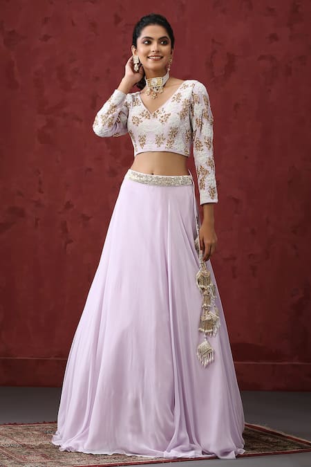 Minaki_Purple Organza, Crepe, Georgette Embroidery, Pearls, Waistband Lehenga Set _Online_at_Aza_Fashions