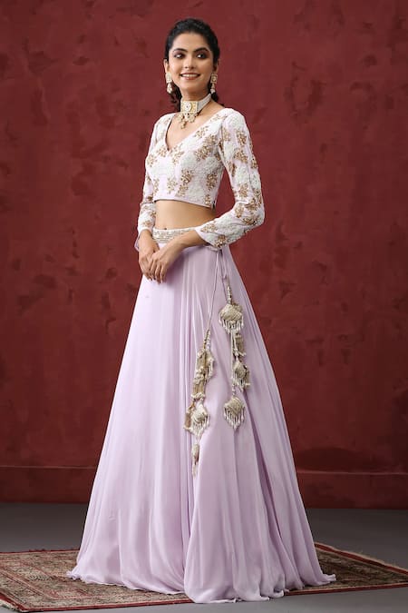 Buy_Minaki_Purple Organza, Crepe, Georgette Embroidery, Pearls, Waistband Lehenga Set _Online_at_Aza_Fashions
