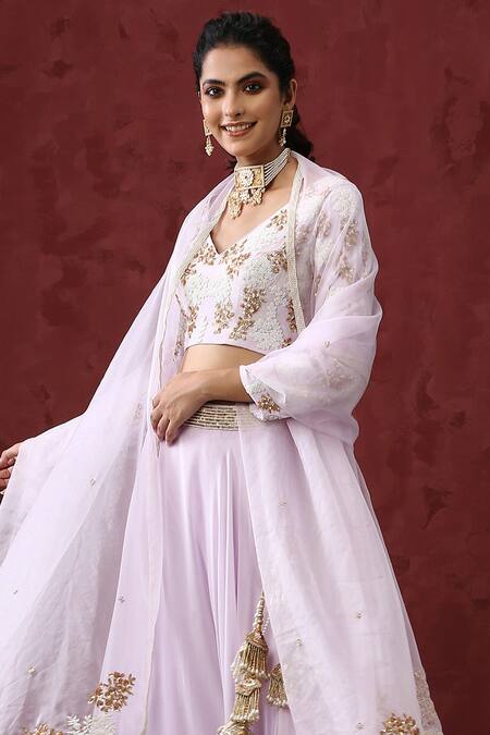 Shop_Minaki_Purple Organza, Crepe, Georgette Embroidery, Pearls, Waistband Lehenga Set _Online_at_Aza_Fashions