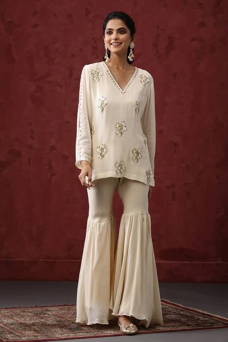 Minaki_Ivory Georgette, Organza Sequins, Embroidery V-neck Floral Kurta Sharara Set _Online_at_Aza_Fashions