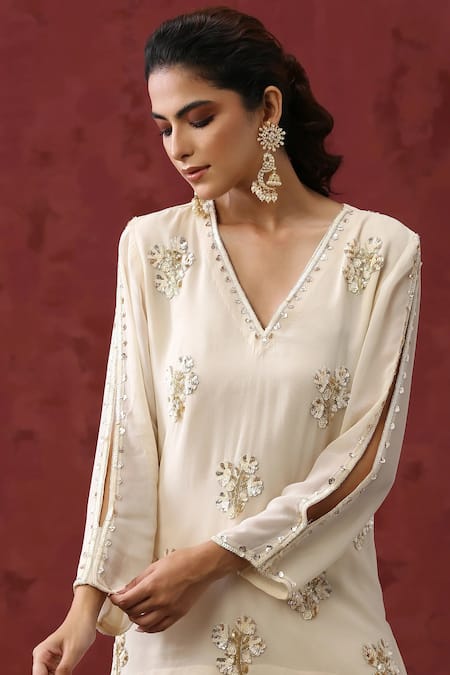 Buy_Minaki_Ivory Georgette, Organza Sequins, Embroidery V-neck Floral Kurta Sharara Set _Online_at_Aza_Fashions