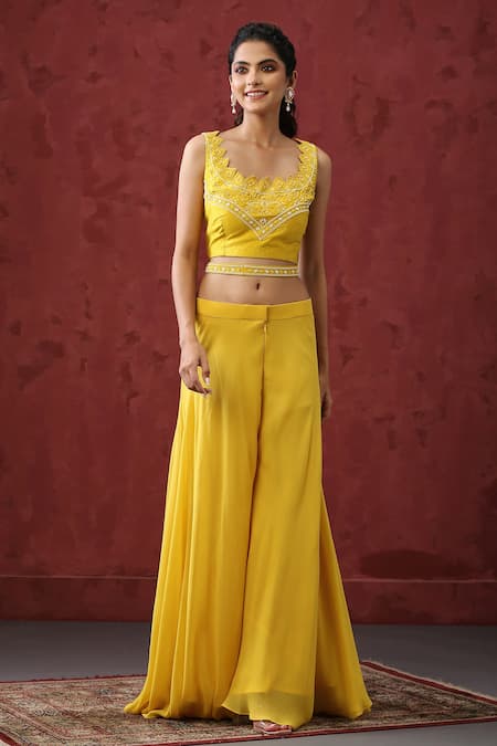 Minaki_Yellow Georgette, Organza, Silk Embroidery, Pearls, Border Cape Sharara Set _Online_at_Aza_Fashions