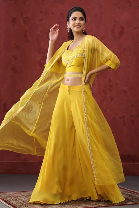 Buy_Minaki_Yellow Georgette, Organza, Silk Embroidery, Pearls, Border Cape Sharara Set _Online_at_Aza_Fashions