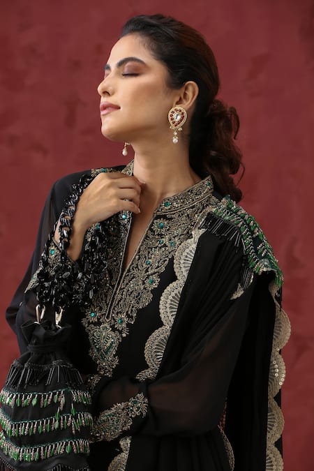 Minaki_Black Georgette, Organza Beads, Stones, Embroidery, Lace, Zari Kurta Sharara Set _Online_at_Aza_Fashions