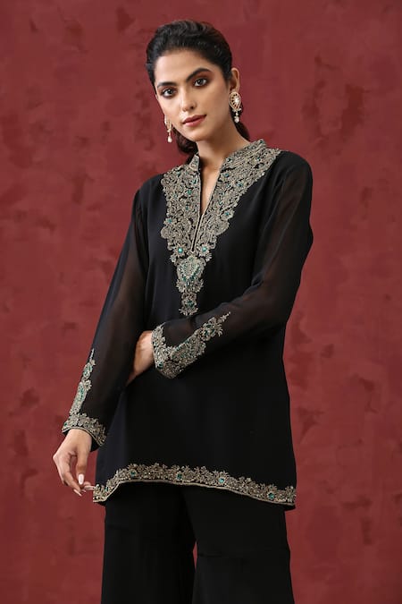 Buy_Minaki_Black Georgette, Organza Beads, Stones, Embroidery, Lace, Zari Kurta Sharara Set _Online_at_Aza_Fashions