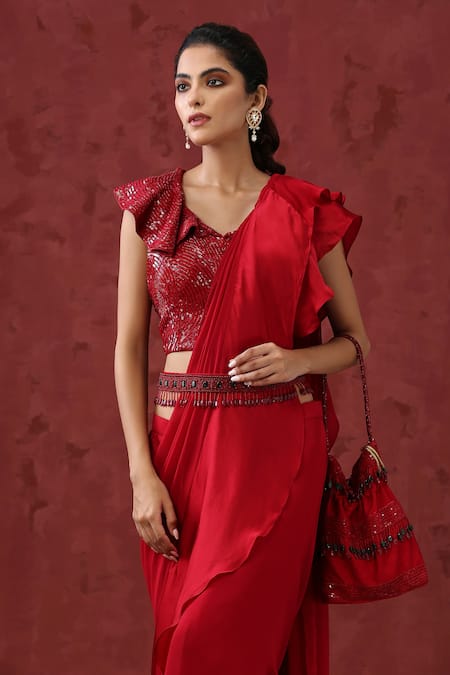 Minaki_Red Crepe, Organza Sequins, Stones, Cut Work, Pre-draped Ruffle Saree Set _Online_at_Aza_Fashions