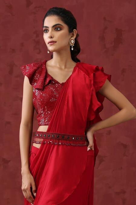 Buy_Minaki_Red Crepe, Organza Sequins, Stones, Cut Work, Pre-draped Ruffle Saree Set _Online_at_Aza_Fashions