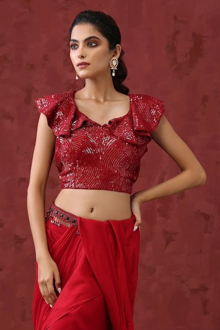 Shop_Minaki_Red Crepe, Organza Sequins, Stones, Cut Work, Pre-draped Ruffle Saree Set _Online_at_Aza_Fashions