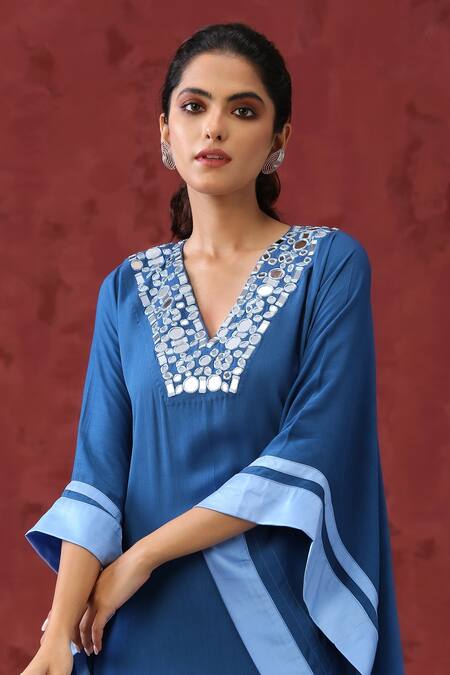 Buy_Minaki_Blue Georgette, Satin Mirrors V-neck Embroidered Neckline Kaftan _Online_at_Aza_Fashions