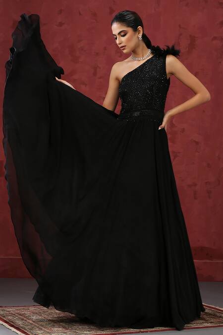 Minaki_Black Georgette Sequins, Beads, Cut Work One Shoulder Embroidered Gown _Online_at_Aza_Fashions
