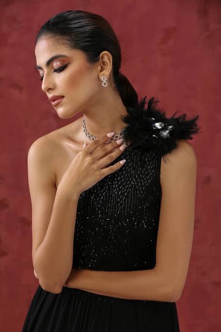 Buy_Minaki_Black Georgette Sequins, Beads, Cut Work One Shoulder Embroidered Gown _Online_at_Aza_Fashions