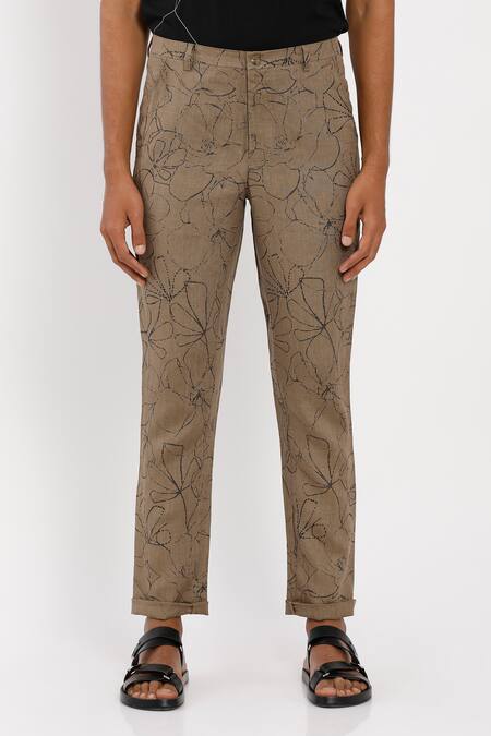 Son Of A Noble Snob_Brown 100% Linen Printed Trouser_Online_at_Aza_Fashions