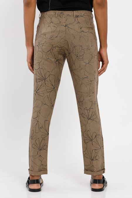 Buy_Son Of A Noble Snob_Brown 100% Linen Printed Trouser_Online_at_Aza_Fashions