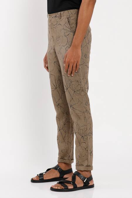 Shop_Son Of A Noble Snob_Brown 100% Linen Printed Trouser_Online_at_Aza_Fashions