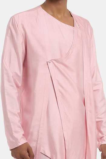 Son Of A Noble Snob_Pink Cotton Silk Aster Asymmetric Kurta Set_at_Aza_Fashions
