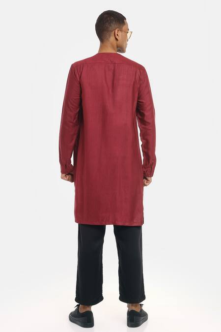 Shop Son Of A Noble Snob Red Cotton Silk Aster Linen Asymmetric Kurta Set at Aza Fashions Shop_Son Of A Noble Snob_Red Cotton Silk Aster Linen Asymmetric Kurta Set_at_Aza_Fashions