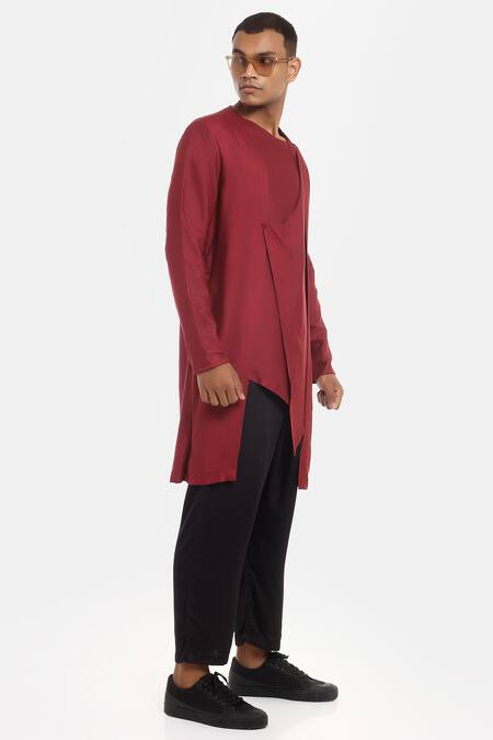 Son Of A Noble Snob Red Cotton Silk Aster Linen Asymmetric Kurta Set Online at Aza Fashions Son Of A Noble Snob_Red Cotton Silk Aster Linen Asymmetric Kurta Set_Online_at_Aza_Fashions