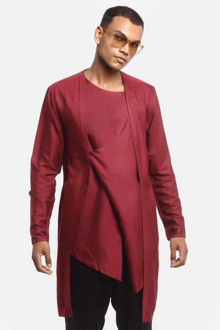 Shop Son Of A Noble Snob Red Cotton Silk Aster Linen Asymmetric Kurta Set Online at Aza Fashions Shop_Son Of A Noble Snob_Red Cotton Silk Aster Linen Asymmetric Kurta Set_Online_at_Aza_Fashions
