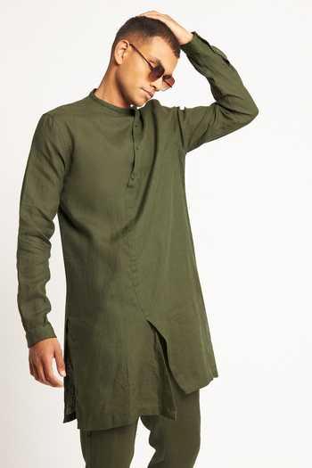 Buy_Son Of A Noble Snob_Green 100% Linen Plain Chola Kurta_Online_at_Aza_Fashions