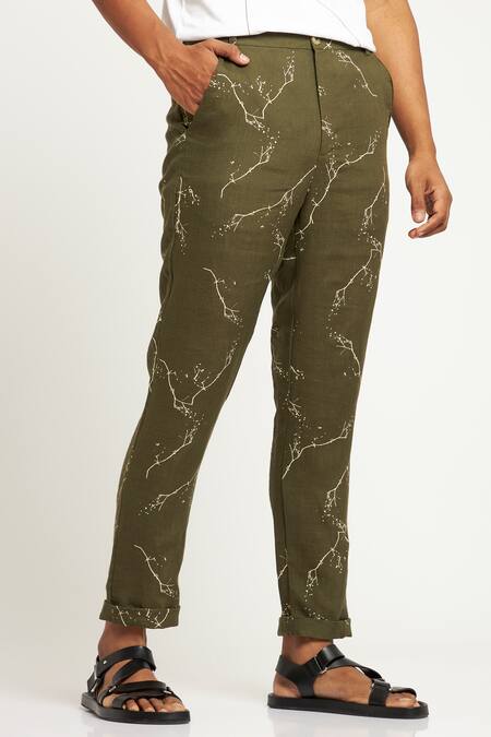 Buy_Son Of A Noble Snob_Green 100% Linen Twig Toco Printed Trouser_Online_at_Aza_Fashions