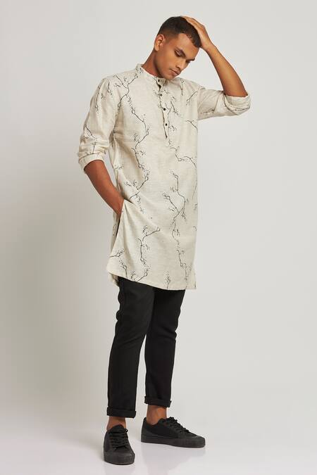 Son Of A Noble Snob_Ivory 100% Linen Printed Twig Sherwood Kurta_Online_at_Aza_Fashions