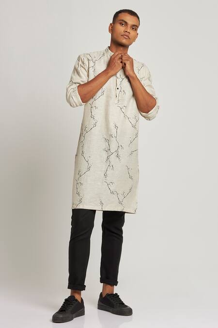 Buy_Son Of A Noble Snob_Ivory 100% Linen Printed Twig Sherwood Kurta_Online_at_Aza_Fashions