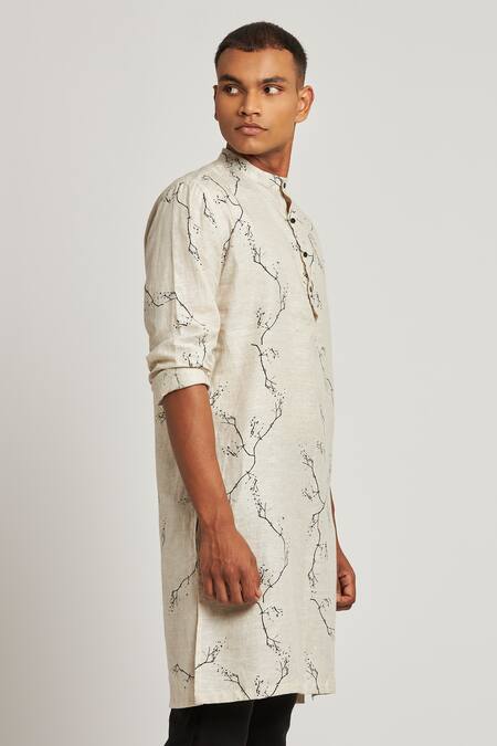 Shop_Son Of A Noble Snob_Ivory 100% Linen Printed Twig Sherwood Kurta_Online_at_Aza_Fashions