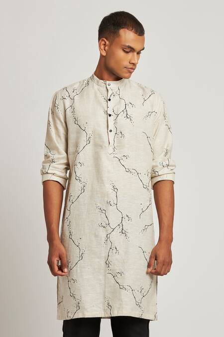 Son Of A Noble Snob_Ivory 100% Linen Printed Twig Sherwood Kurta_at_Aza_Fashions