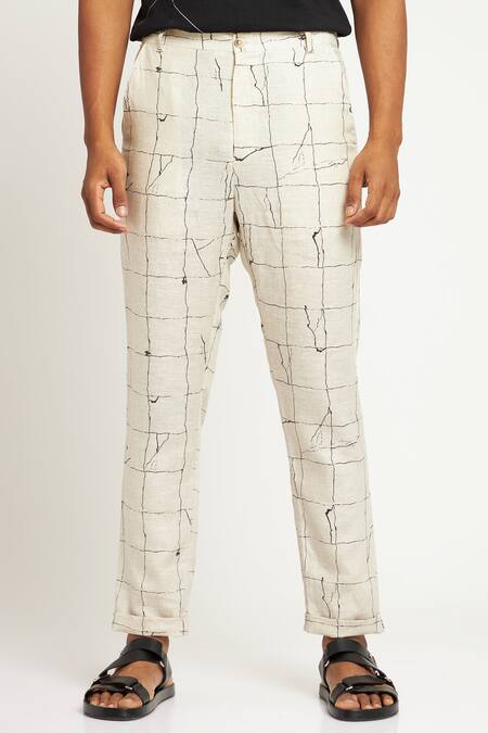 Son Of A Noble Snob_Ivory 100% Linen Tile Toco Printed Trouser_Online_at_Aza_Fashions