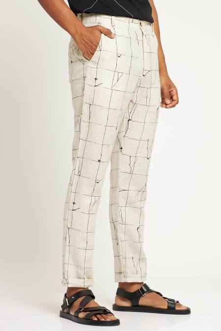 Buy_Son Of A Noble Snob_Ivory 100% Linen Tile Toco Printed Trouser_Online_at_Aza_Fashions