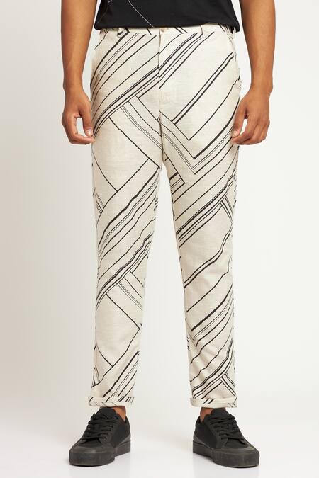 Son Of A Noble Snob_Ivory 100% Linen Geometric Toco Printed Trouser_Online_at_Aza_Fashions