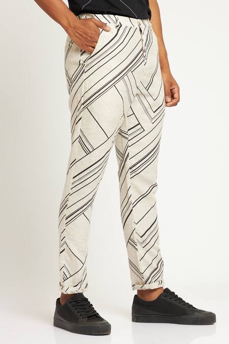Buy_Son Of A Noble Snob_Ivory 100% Linen Geometric Toco Printed Trouser_Online_at_Aza_Fashions