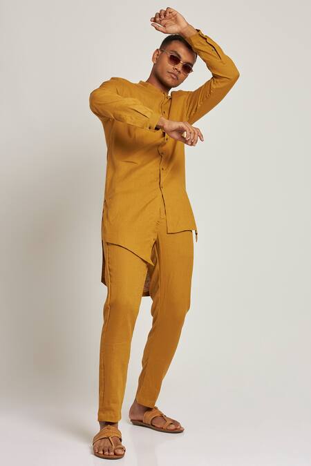 Buy_Son Of A Noble Snob_Yellow 100% Linen Gurung Asymmetric Kurta_Online_at_Aza_Fashions