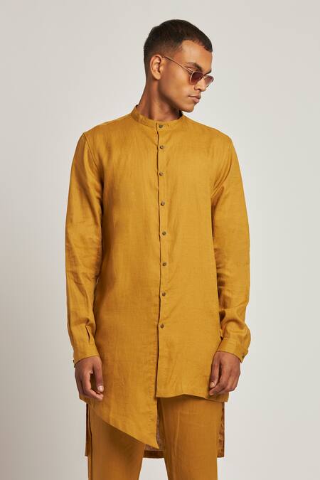Shop_Son Of A Noble Snob_Yellow 100% Linen Gurung Asymmetric Kurta_Online_at_Aza_Fashions