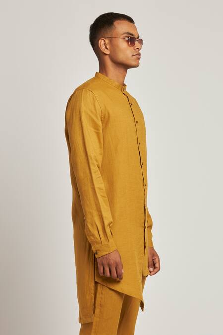 Son Of A Noble Snob_Yellow 100% Linen Gurung Asymmetric Kurta_at_Aza_Fashions