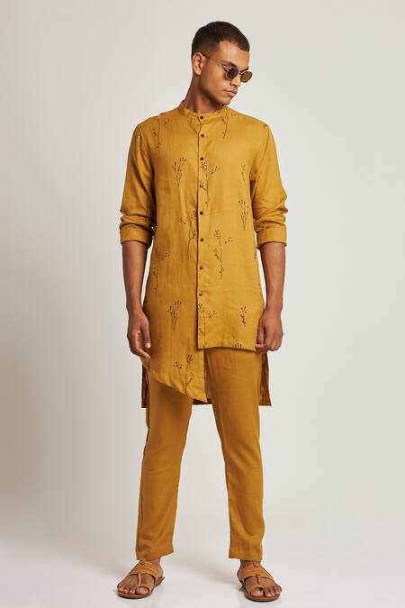 Son Of A Noble Snob Yellow 100% Linen Botany Print Gurung Kurta