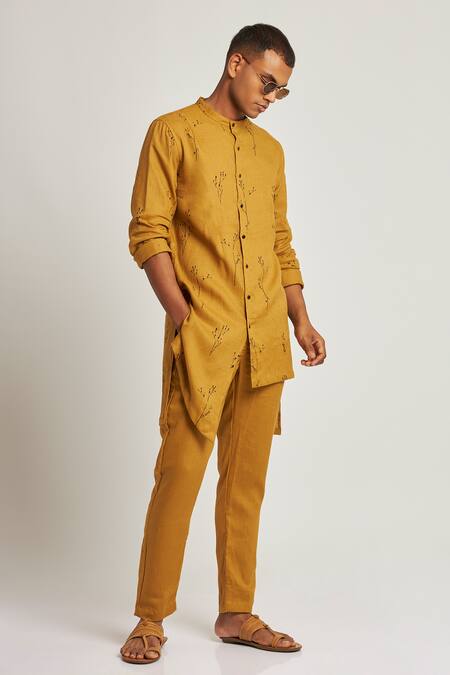 Son Of A Noble Snob_Yellow 100% Linen Botany Print Gurung Kurta_Online_at_Aza_Fashions